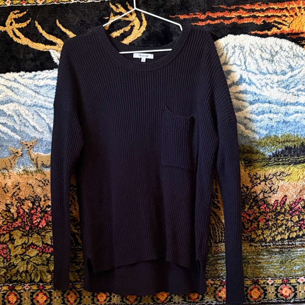 Madewell Black Ribbed Crewneck Sweater with Pocket
